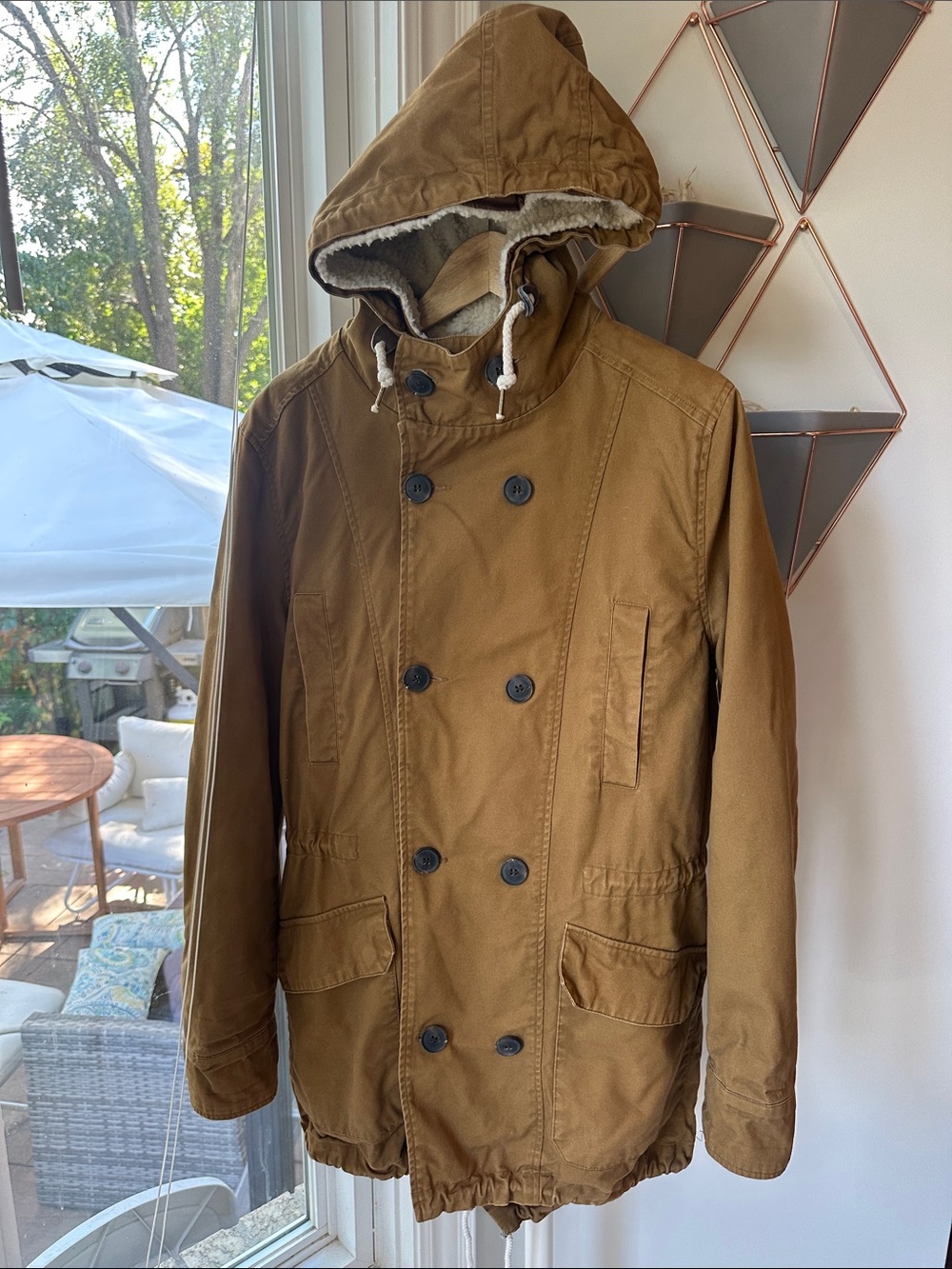 TOPMAN Men's Hooded Double-Breasted Sherpa Utility Parka Jacket Brown Small